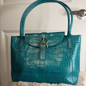 Furla Teal Crocodile-Embossed Shoulder Bag